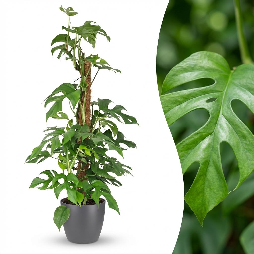 Mini Gatenplant - Monstera Minima Mosstok - Groen - Weinig onderhoud - 1 Plant - met Potter Grijs - Pot 19cm - Hoogte 90cm