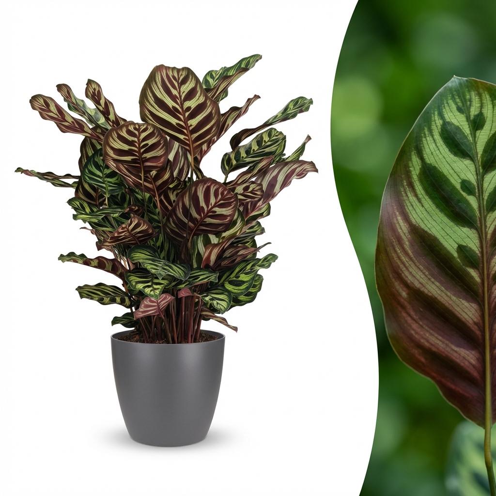 Pauwenplant - Calathea Makoyana - Groen - Weinig onderhoud - 1 Plant - met Potter Grijs - Pot 19cm - Hoogte 70cm