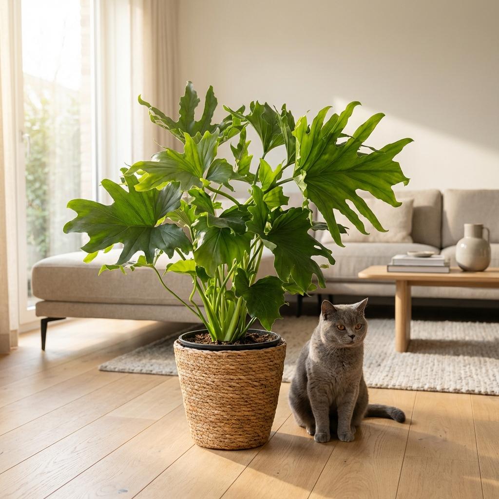 Philodendron Lickety split - Groen - Weinig onderhoud - 1 Plant - met Mand - Pot 19cm - Hoogte 70cm