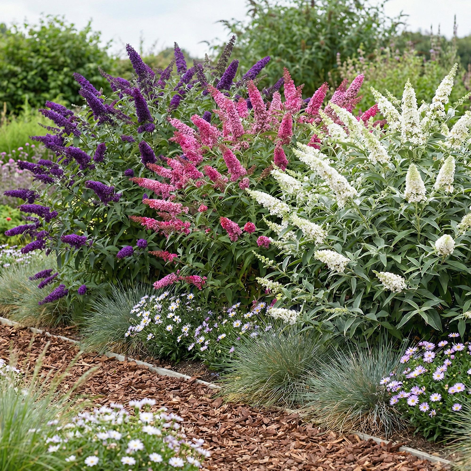 Buddleja davidii Tricolour - Vlinderstruik - Winterhard - Blauw - Roze - Wit - 3 Planten - Pot 17cm - Hoogte 45cm