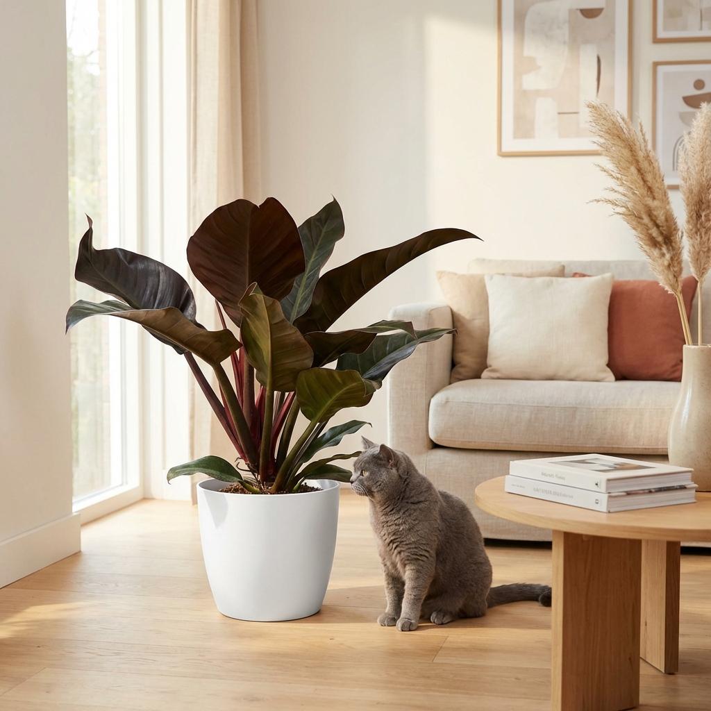 Philodendron Imperial Red - Rood - Weinig onderhoud - 1 Plant - met Potter Wit - Pot 19cm - Hoogte 60cm