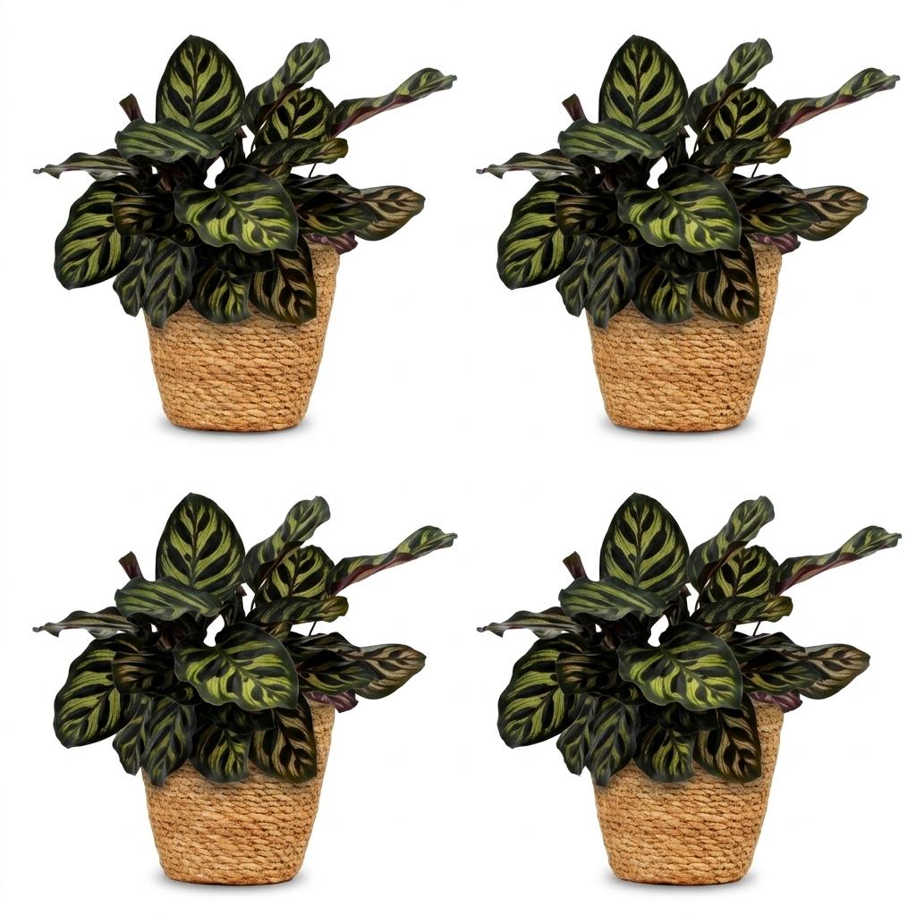 Calathea Makoyana - Pauwenplant - 4x - met Mand - Pot 12cm - Hoogte - 25cm
