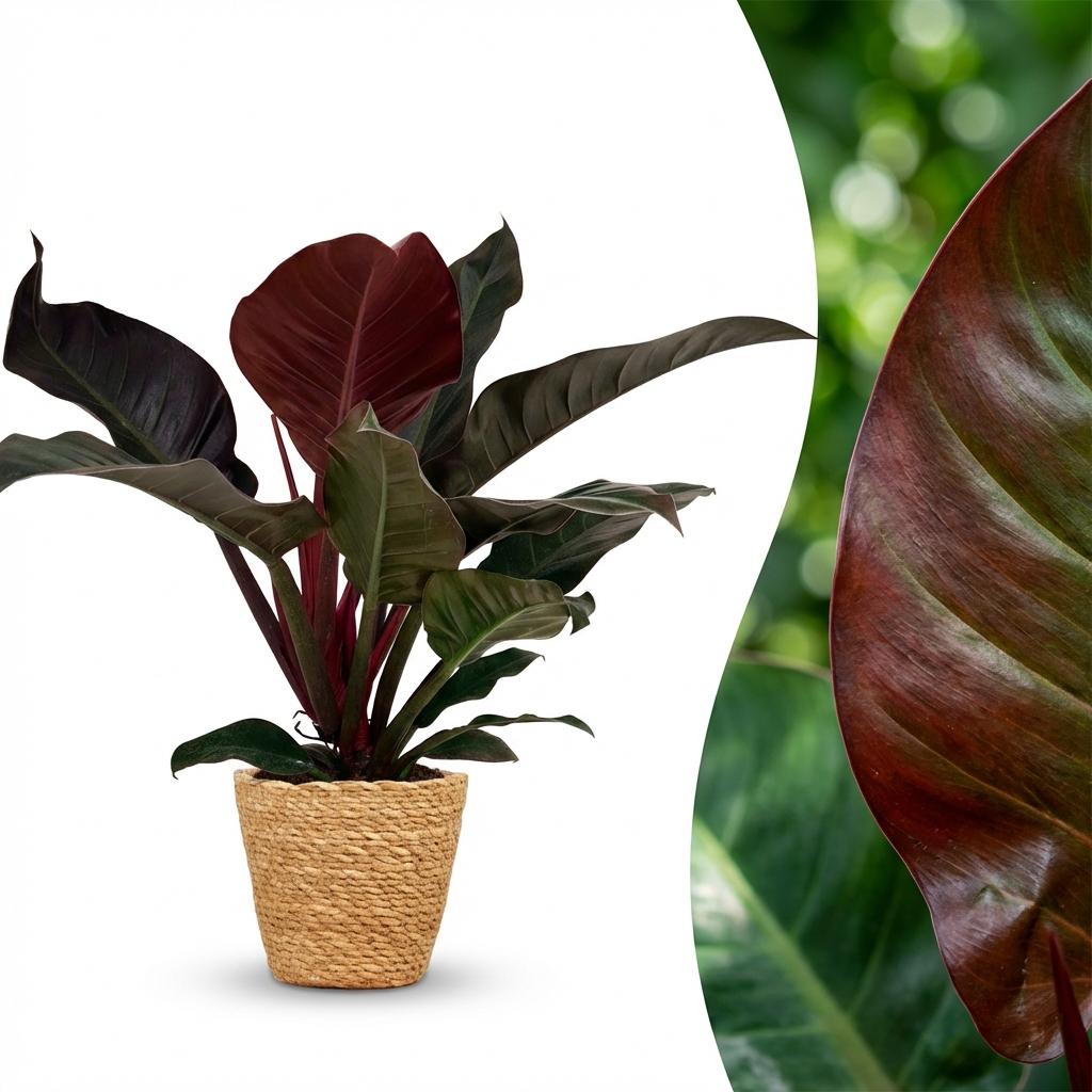 Philodendron Imperial Red - Rood - Weinig onderhoud - 1 Plant - met Mand - Pot 19cm - Hoogte 60cm