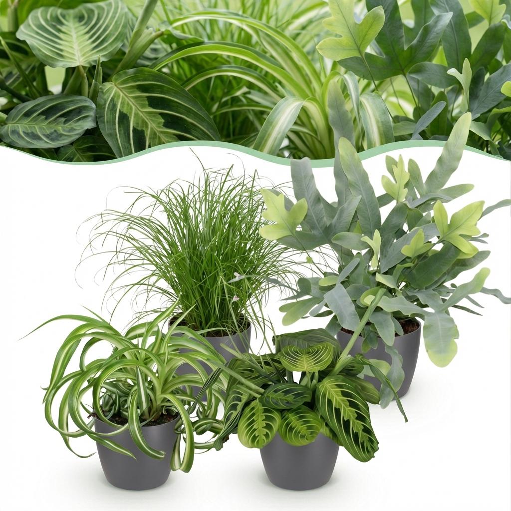Plantenbox - Chlorophytum - Cyperus - Phlebodium - Marantha - 4 Planten - met Potter Grijs - Pot 12cm - Hoogte 25cm