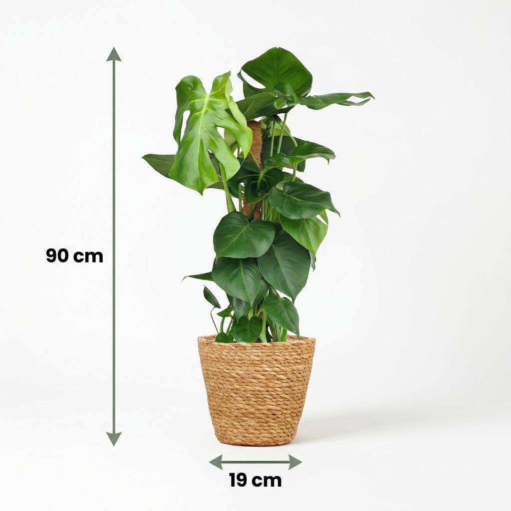 Gatenplant - Monstera Deliciosa mosstok - Groen - Weinig onderhoud - 1 Plant - met Mand - Pot 19cm - Hoogte 90cm