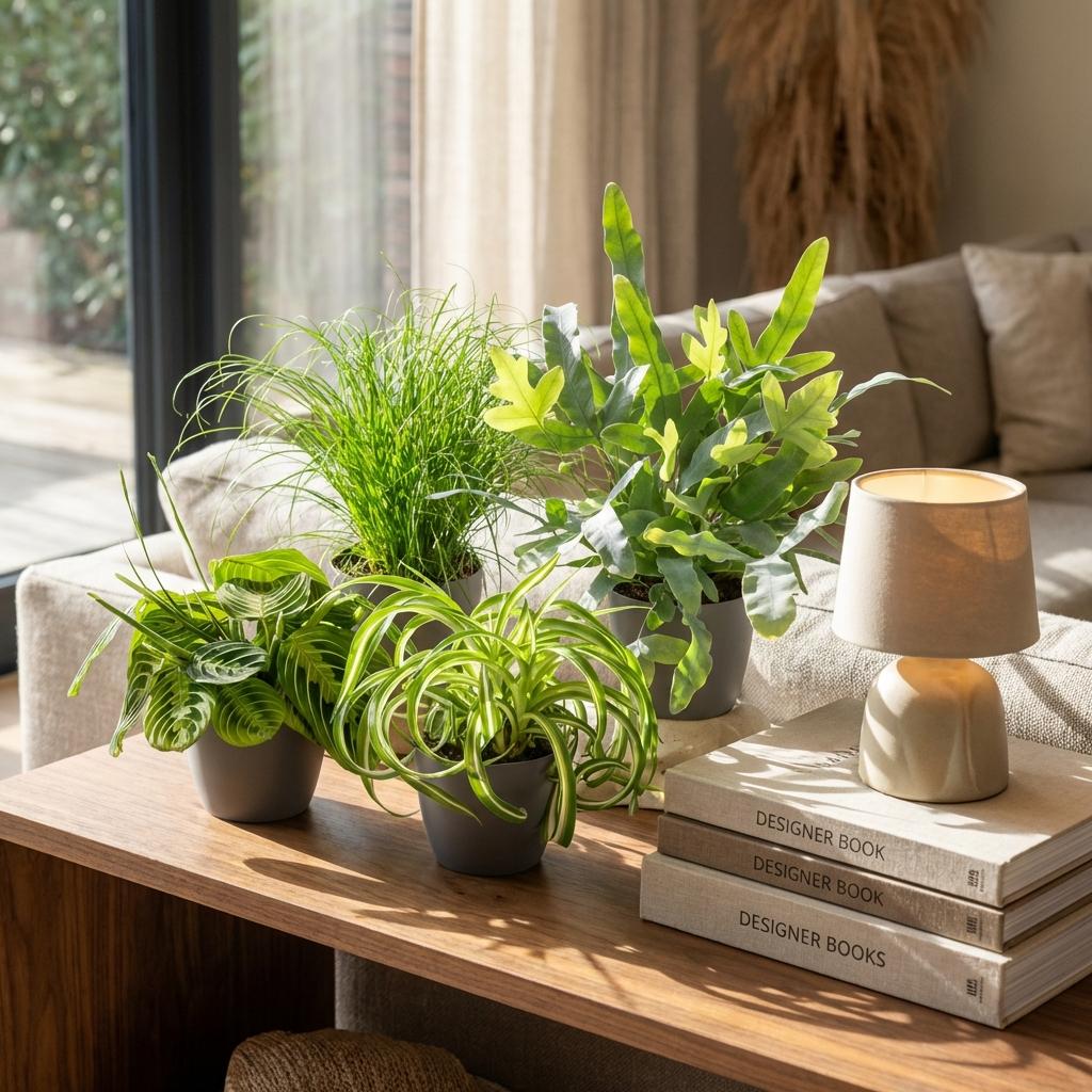 Plantenbox - Chlorophytum - Cyperus - Phlebodium - Marantha - 4 Planten - met Potter Grijs - Pot 12cm - Hoogte 25cm