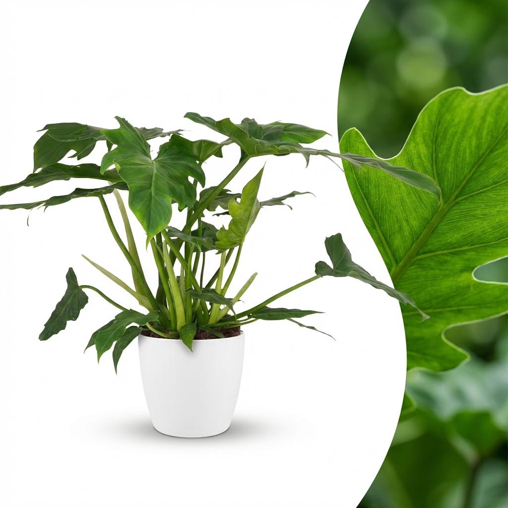 Philodendron Lacerum - Groen - Weinig onderhoud - 1 Plant - met Potter Wit - Pot 19cm - Hoogte 65cm