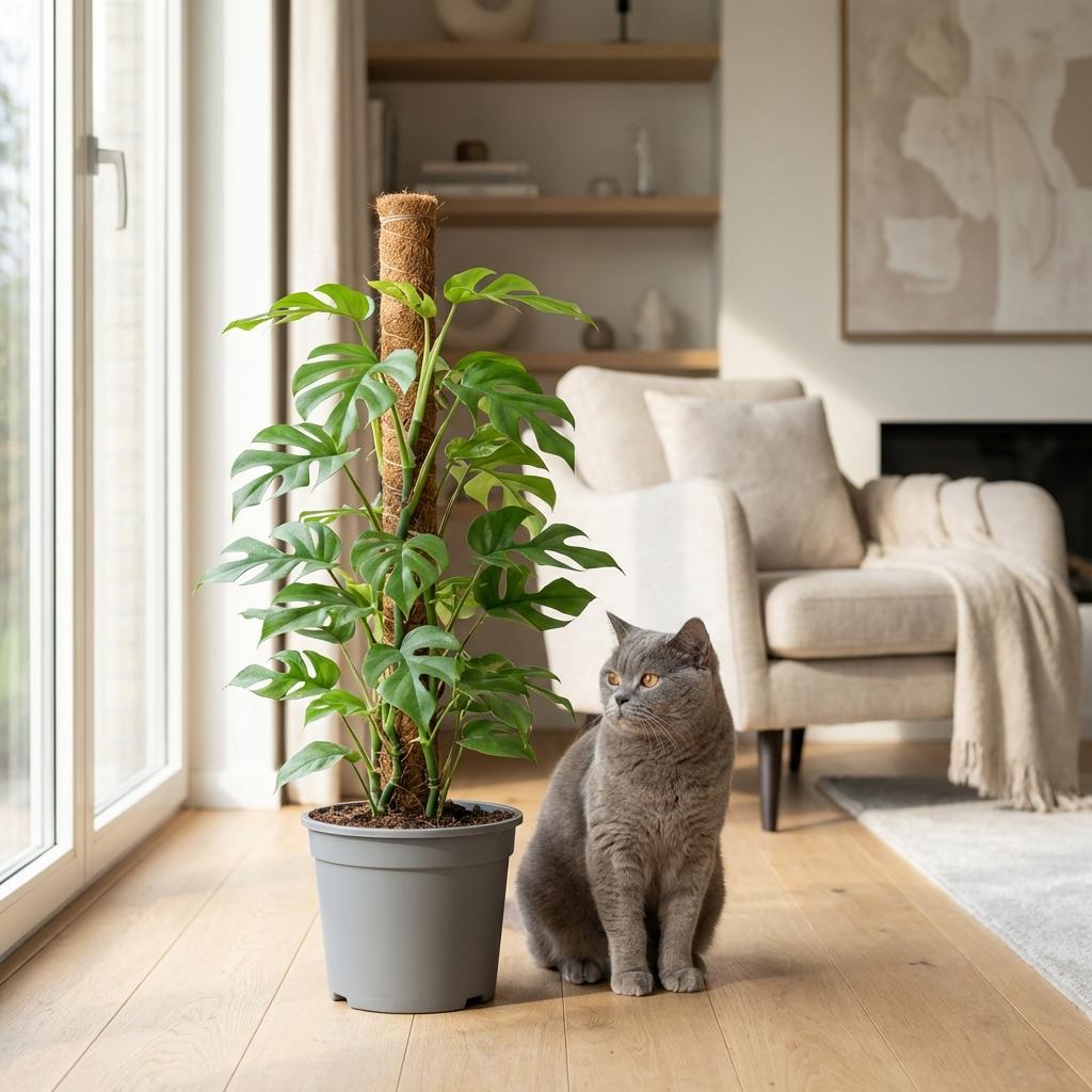 Mini Gatenplant - Monstera Minima Mosstok - Groen - Weinig onderhoud - 1 Plant - met Potter Grijs - Pot 19cm - Hoogte 90cm
