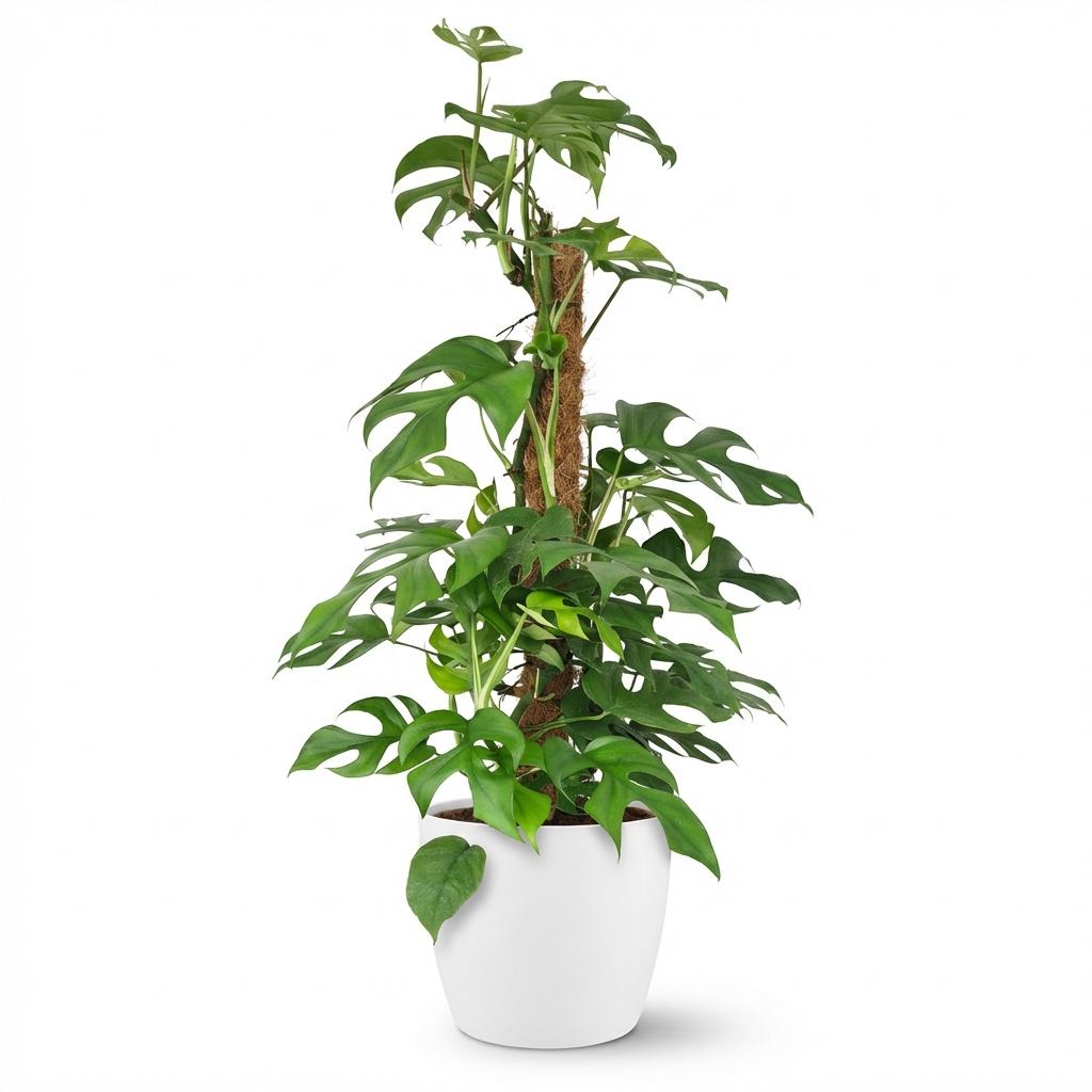 Mini Gatenplant - Monstera Minima Mosstok - Groen - Weinig onderhoud - 1 Plant - met Potter Wit - Pot 19cm - Hoogte 90cm