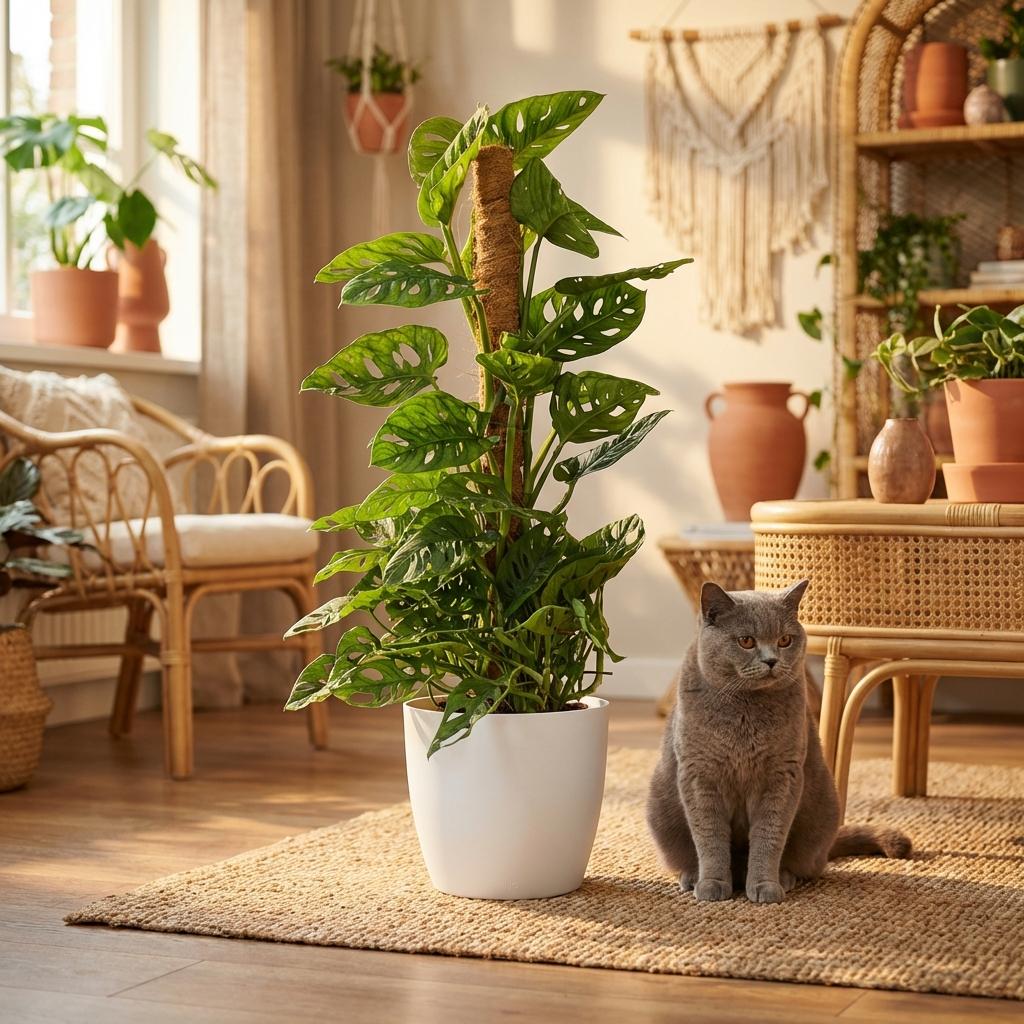 Monkey Mask - Monstera Andansonii Mosstok - Groen - Weinig onderhoud - 1 Plant - met Potter Wit - Pot 19cm - Hoogte 90cm